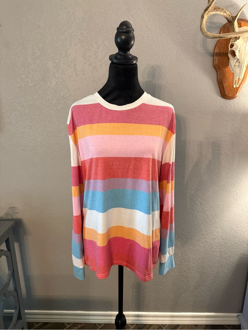 Striped Long Sleeve Tee in Pink, Yellow & Blue